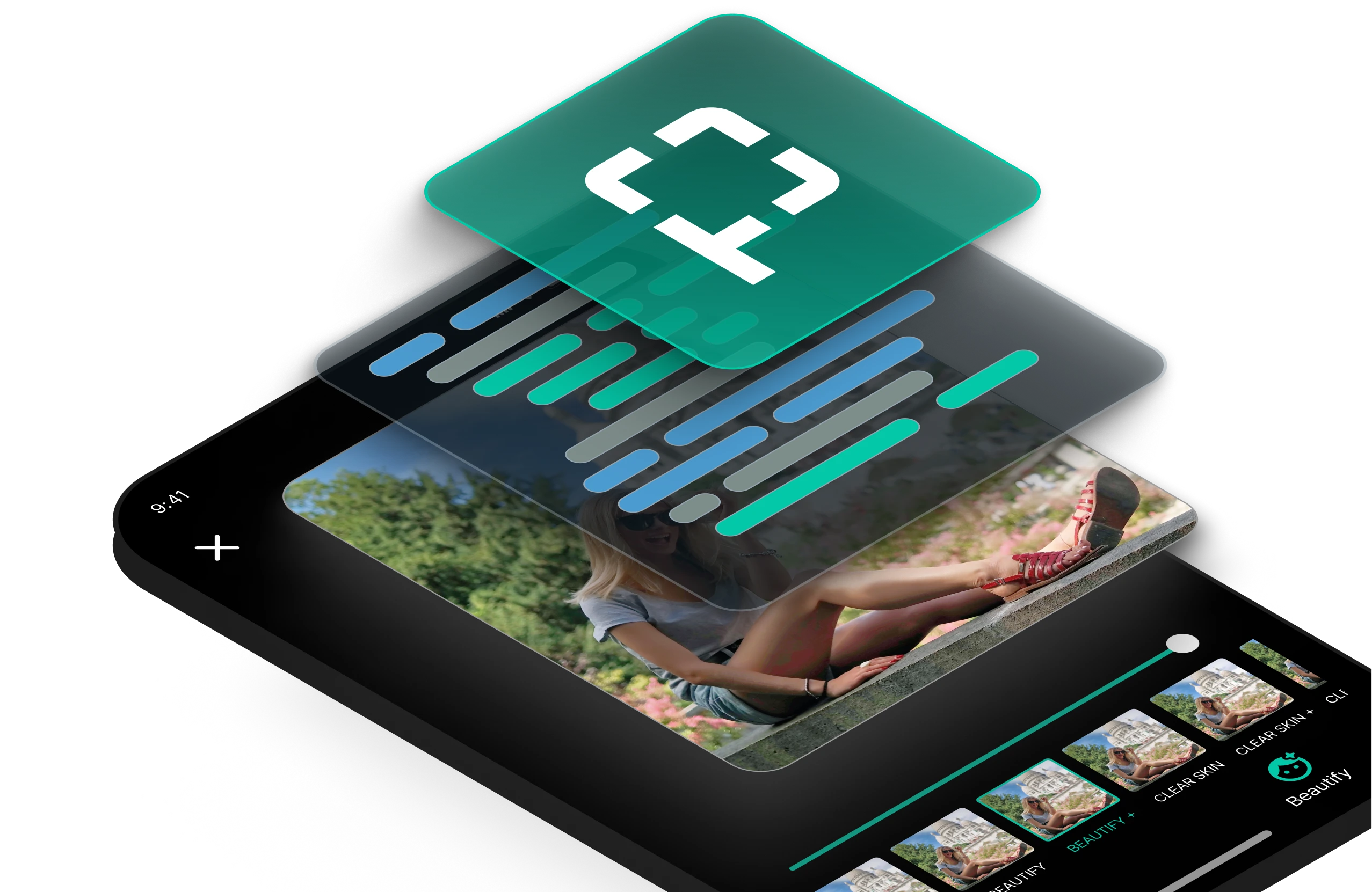 Layered mobile app interface showing code over a photo editor