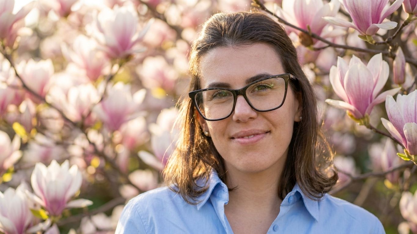 Woman wearing glasses stands among blooming magnolia trees