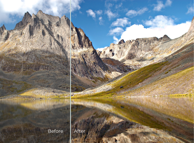Mountain landscape before and after image enhancement