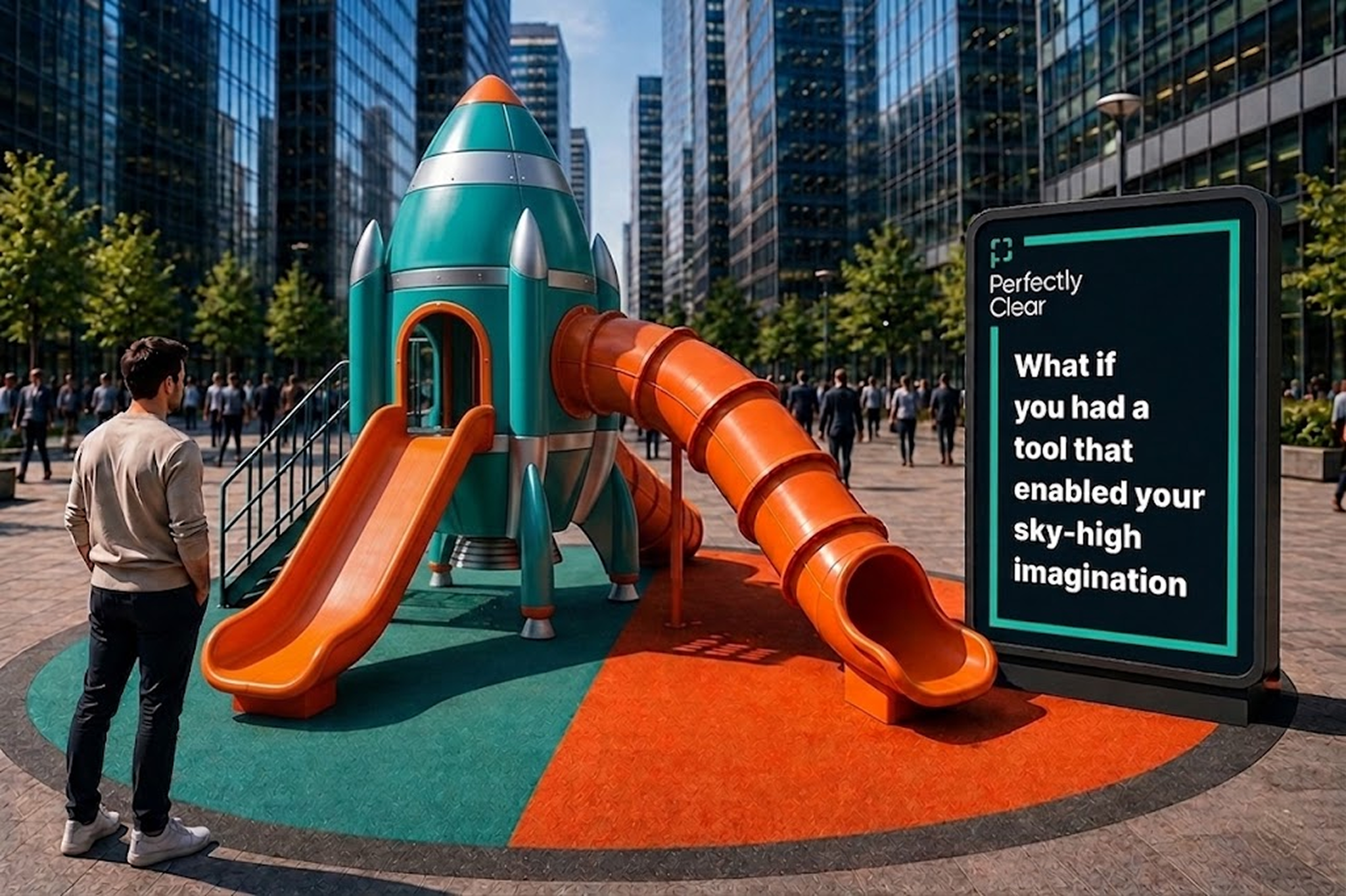 Rocket playground beside sign reading “What if you had a tool that enabled your sky-high imagination”