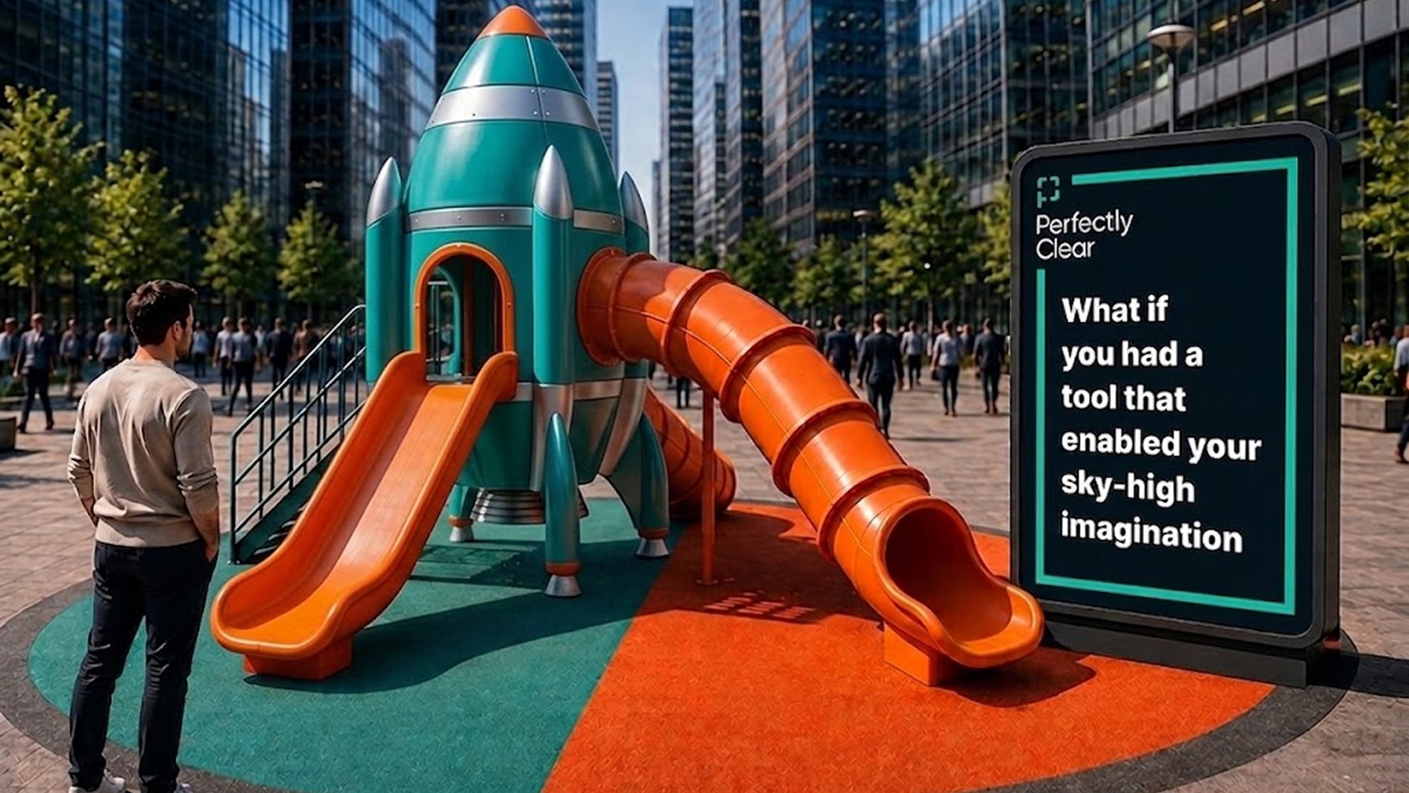 Rocket playground beside sign reading “What if you had a tool that enabled your sky-high imagination”