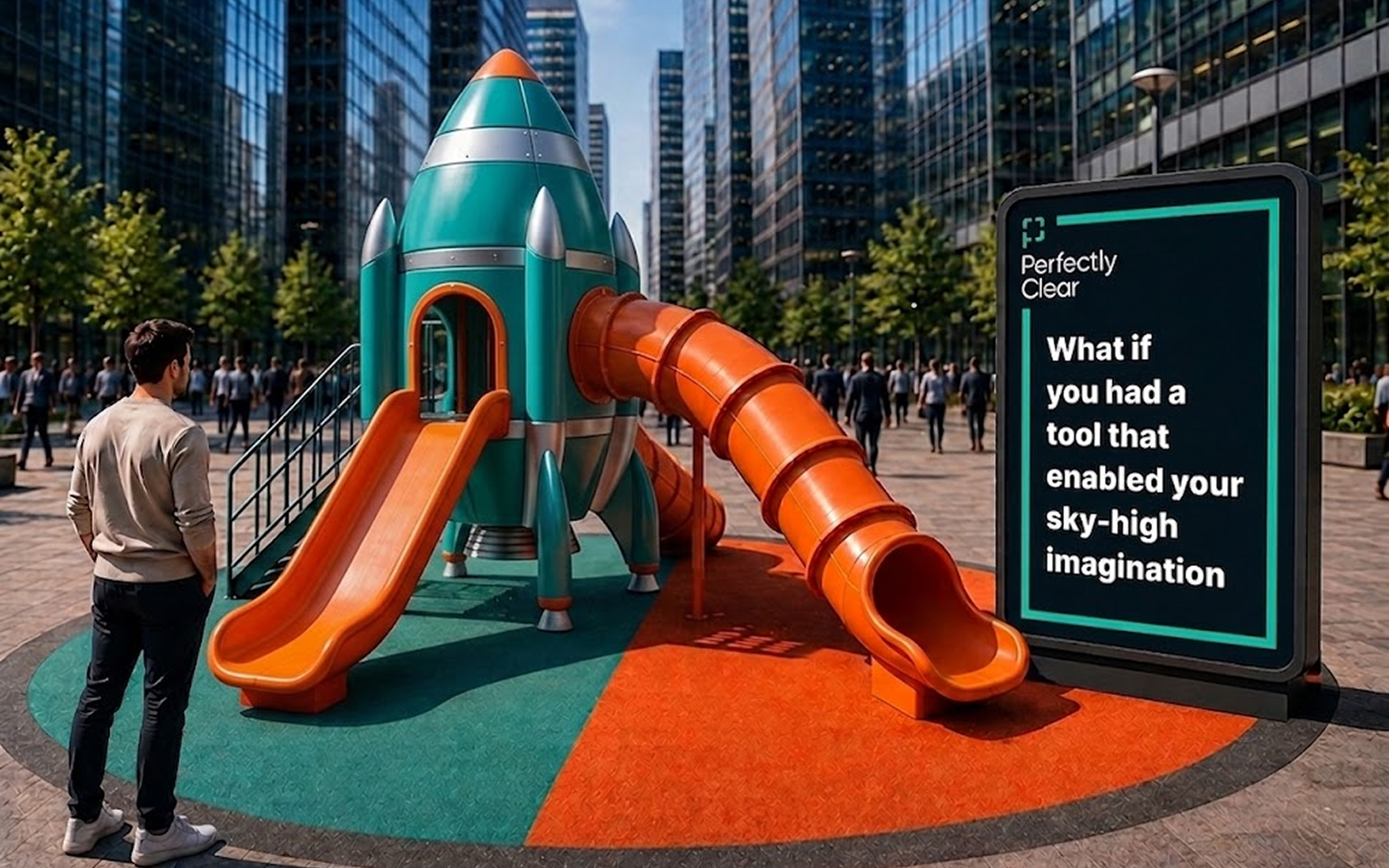 Rocket playground beside sign reading “What if you had a tool that enabled your sky-high imagination”
