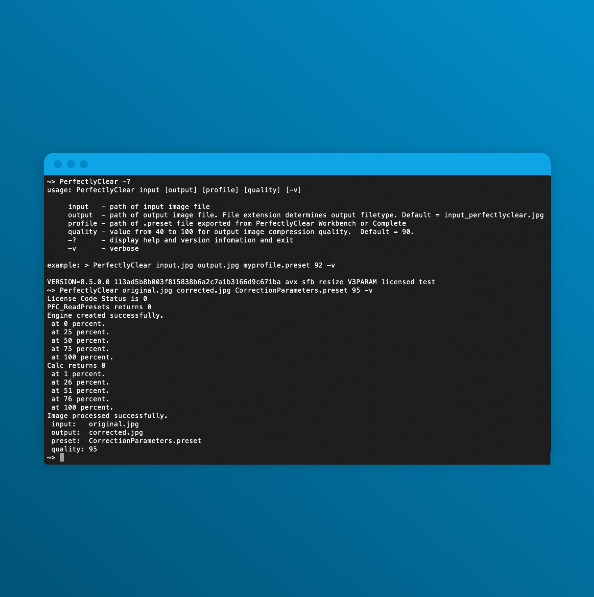 Perfectly Clear command-line interface confirms successful image processing at quality 95