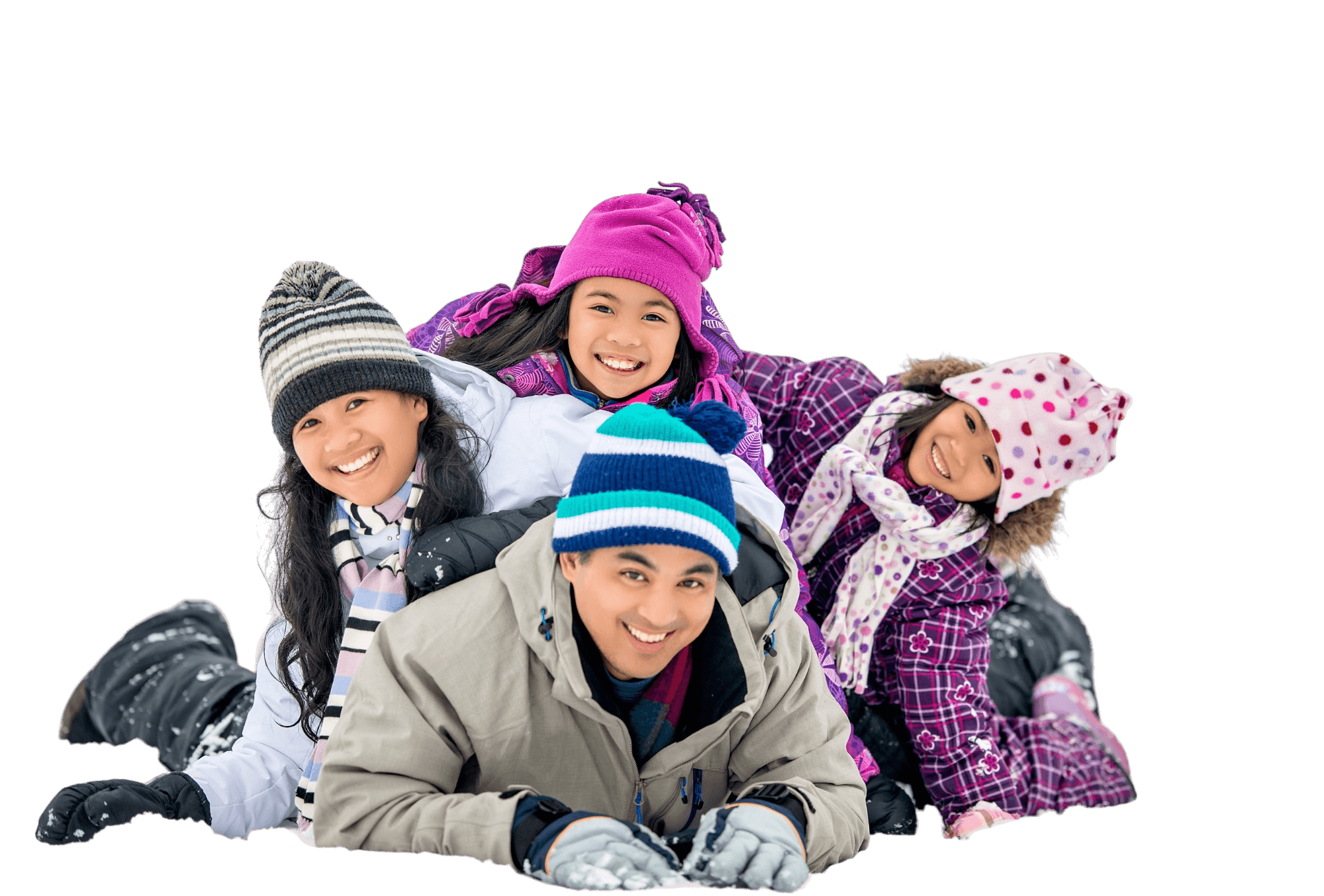 Family of four smiling together in winter clothing