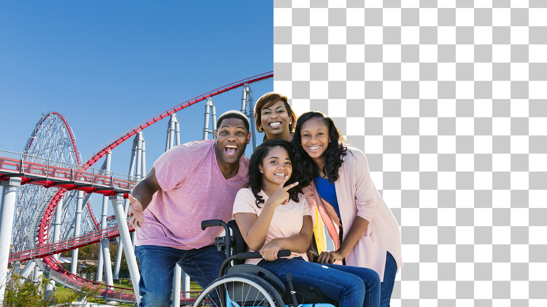 Family posing at an amusement park beside a background removal example