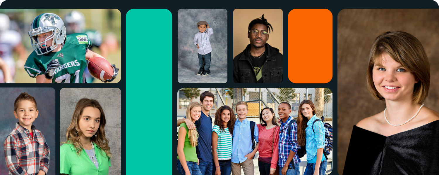 Collage of student portraits, a football player, and classmates outdoors