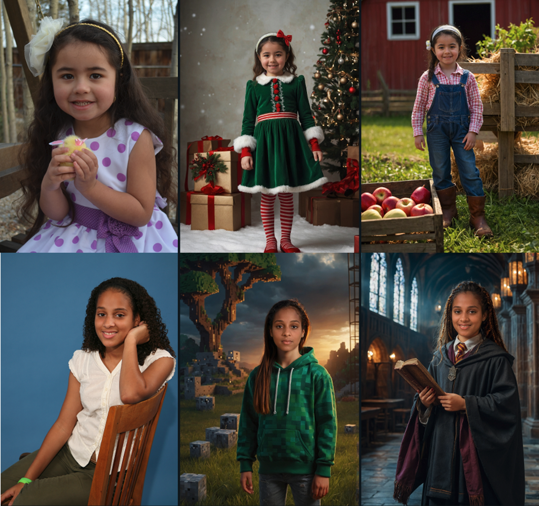 Six portraits show girls in seasonal, farm, fantasy and school settings