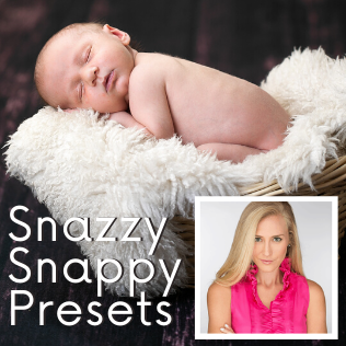 Sleeping newborn above “Snazzy Snappy Presets” with inset portrait of woman