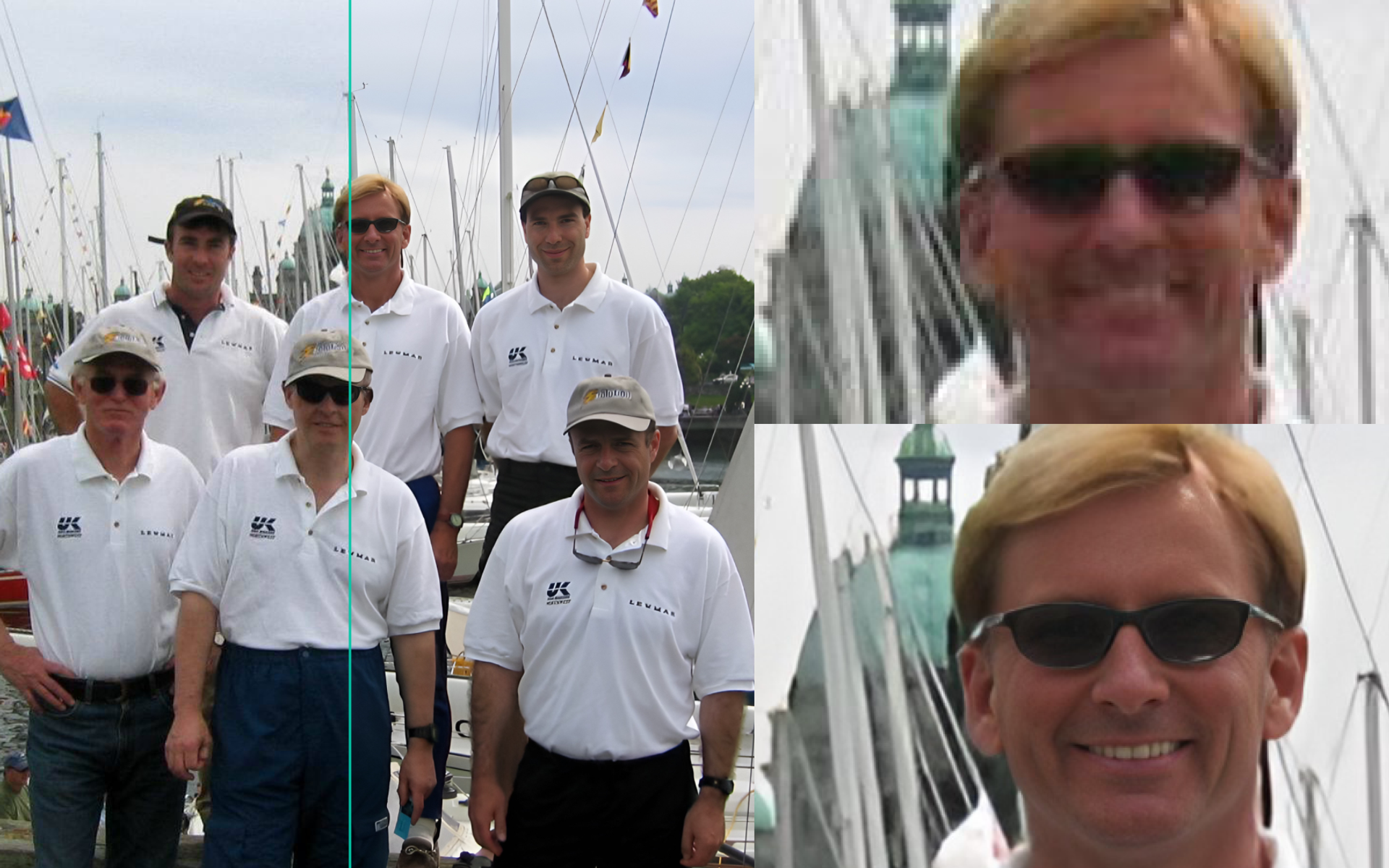 Sailing crew portrait beside two close-ups demonstrating improved image clarity