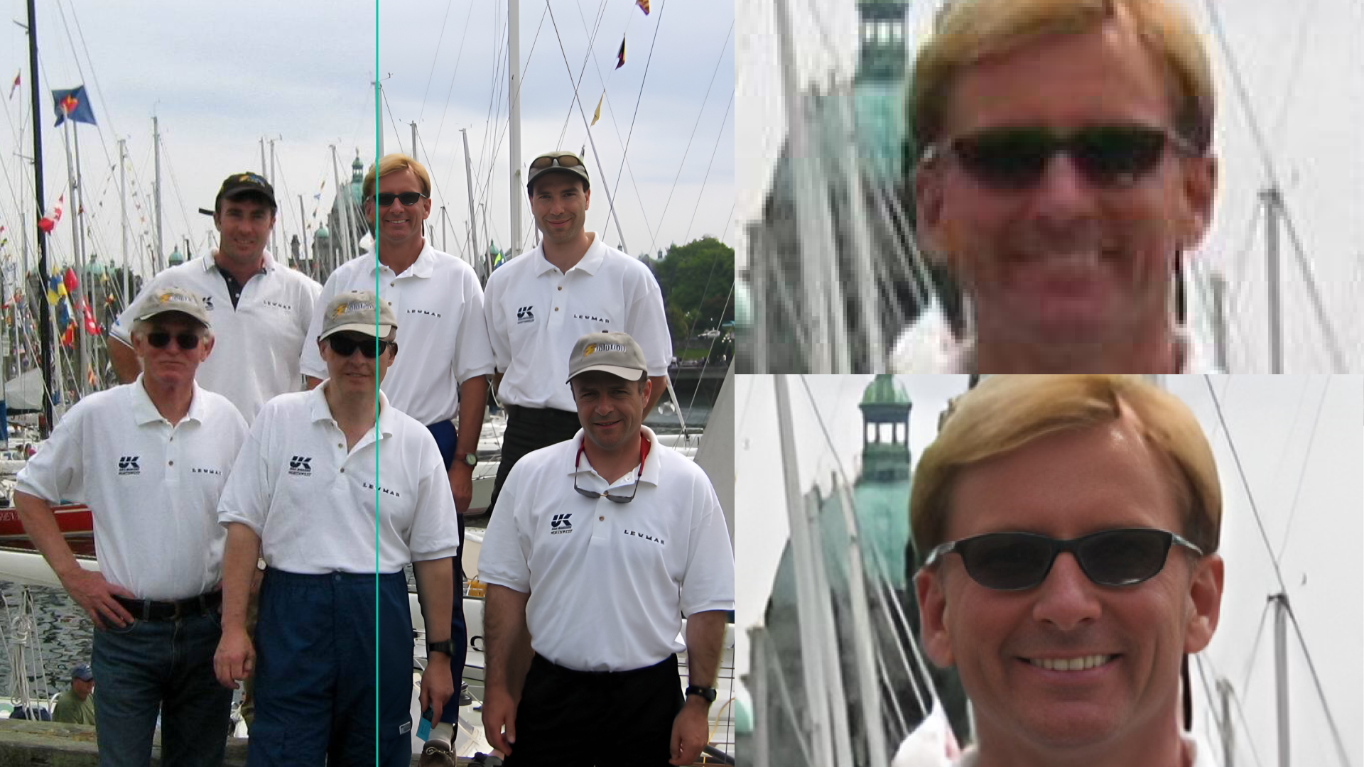 Sailing crew portrait beside two close-ups demonstrating improved image clarity