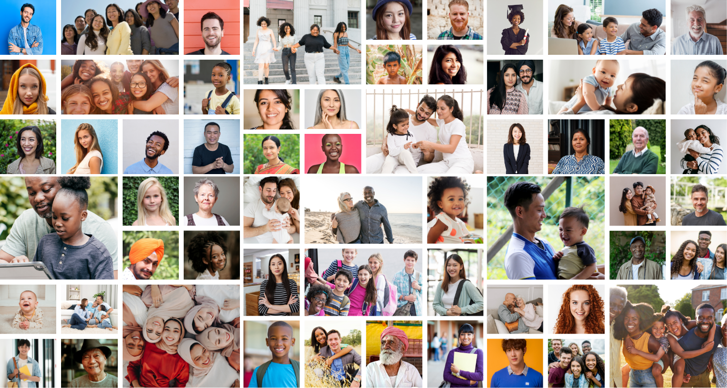 Mosaic of portraits of people of many ages and ethnicities
