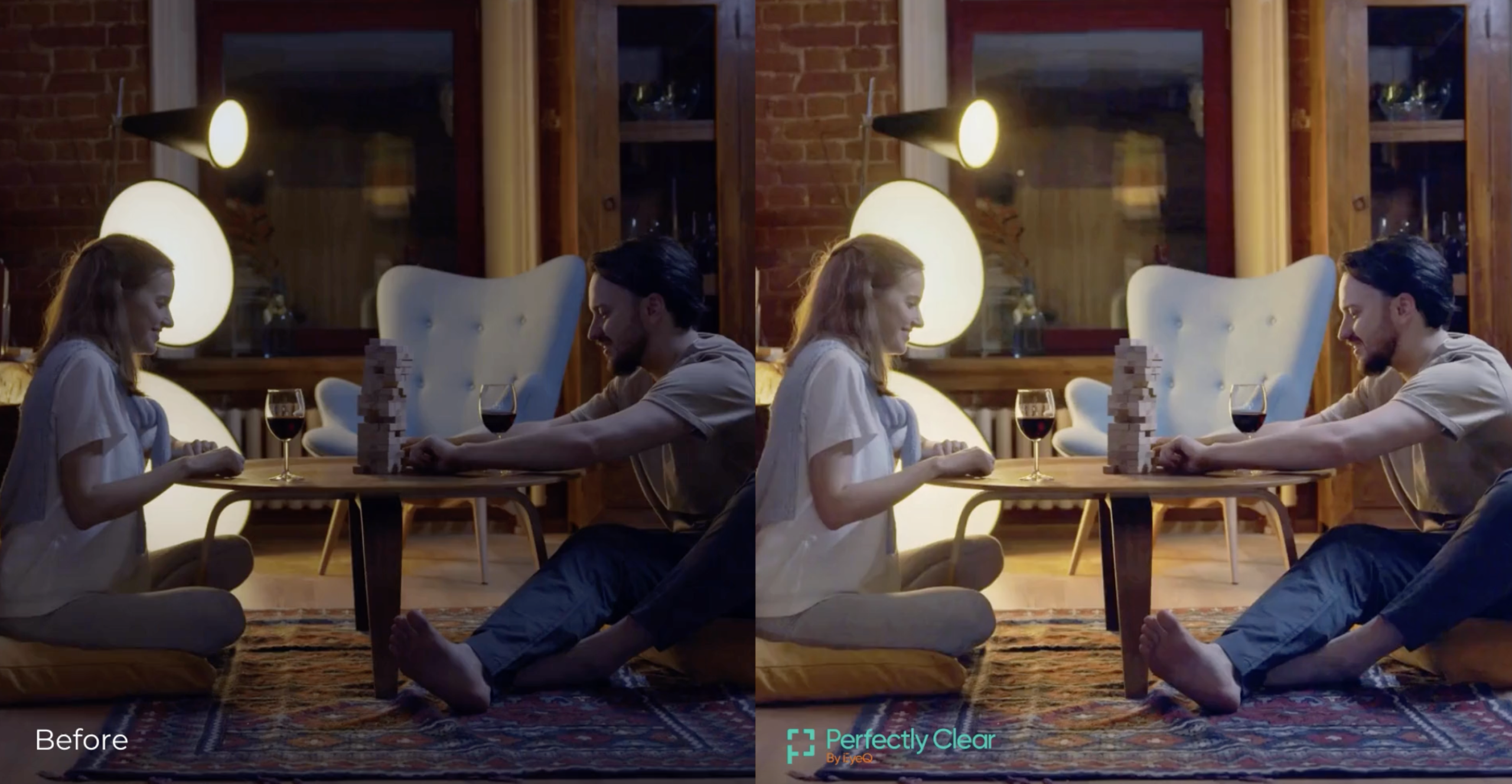 Couple playing a stacking block game at home, before and after Perfectly Clear correction