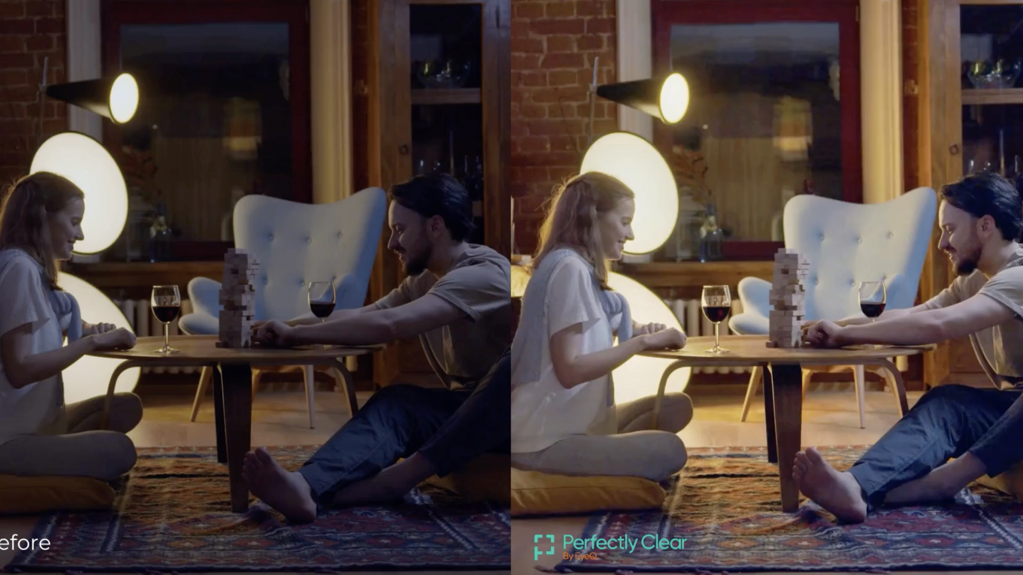 Couple playing a stacking block game at home, before and after Perfectly Clear correction