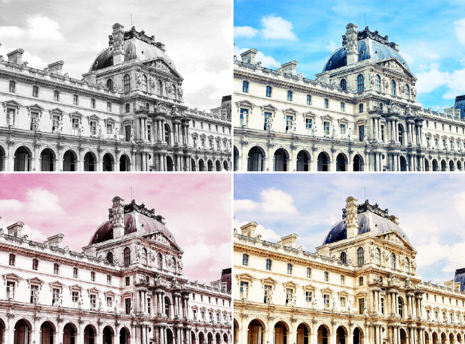 Louvre palace facade shown in four different color treatments