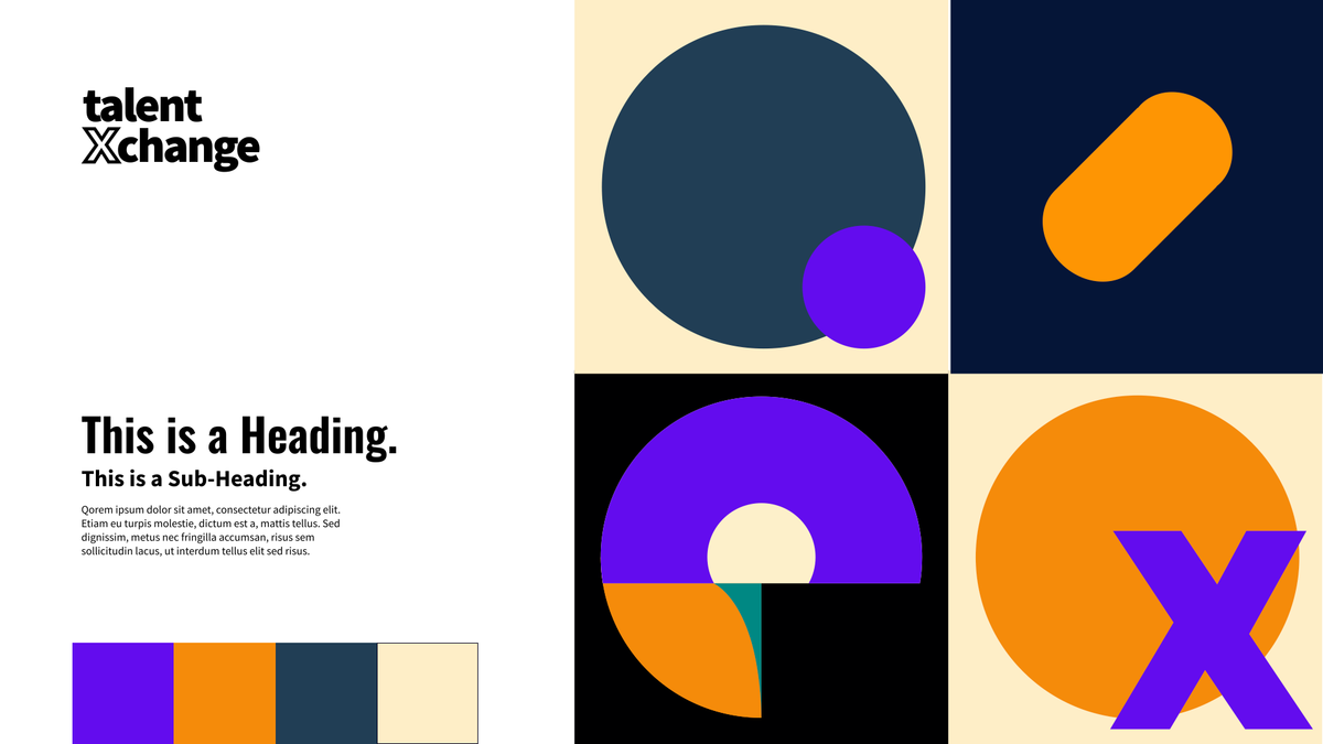 TalentXchange identity concept board showing wordmark, typography, shape system, and color palette