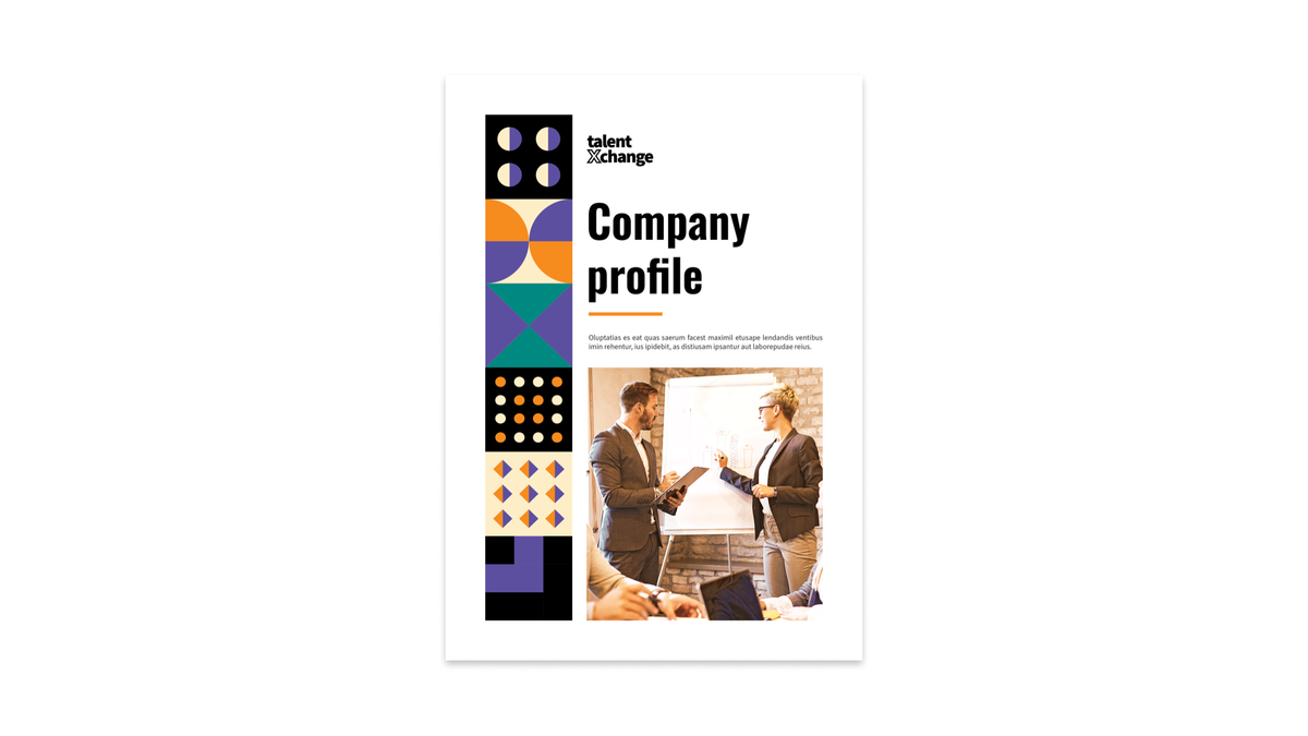 TalentXchange company profile template featuring the brand's geometric pattern system