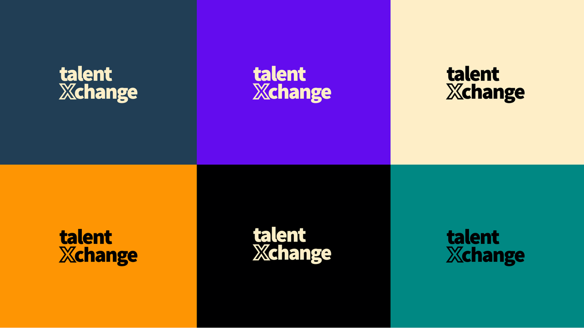 TalentXchange wordmark tested across six brand colors