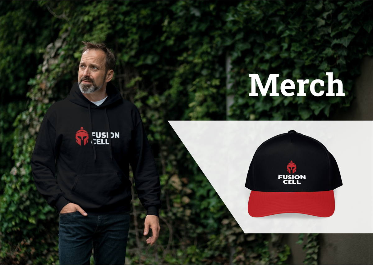 Fusion Cell branded merch: hoodie and cap