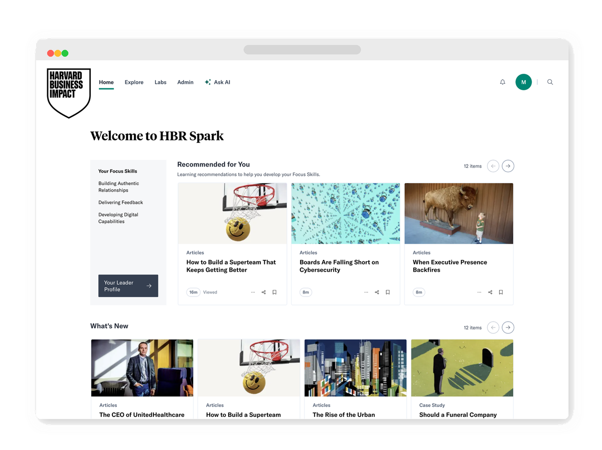 HBR Spark learner experience: personalized homepage and Leader Profile
