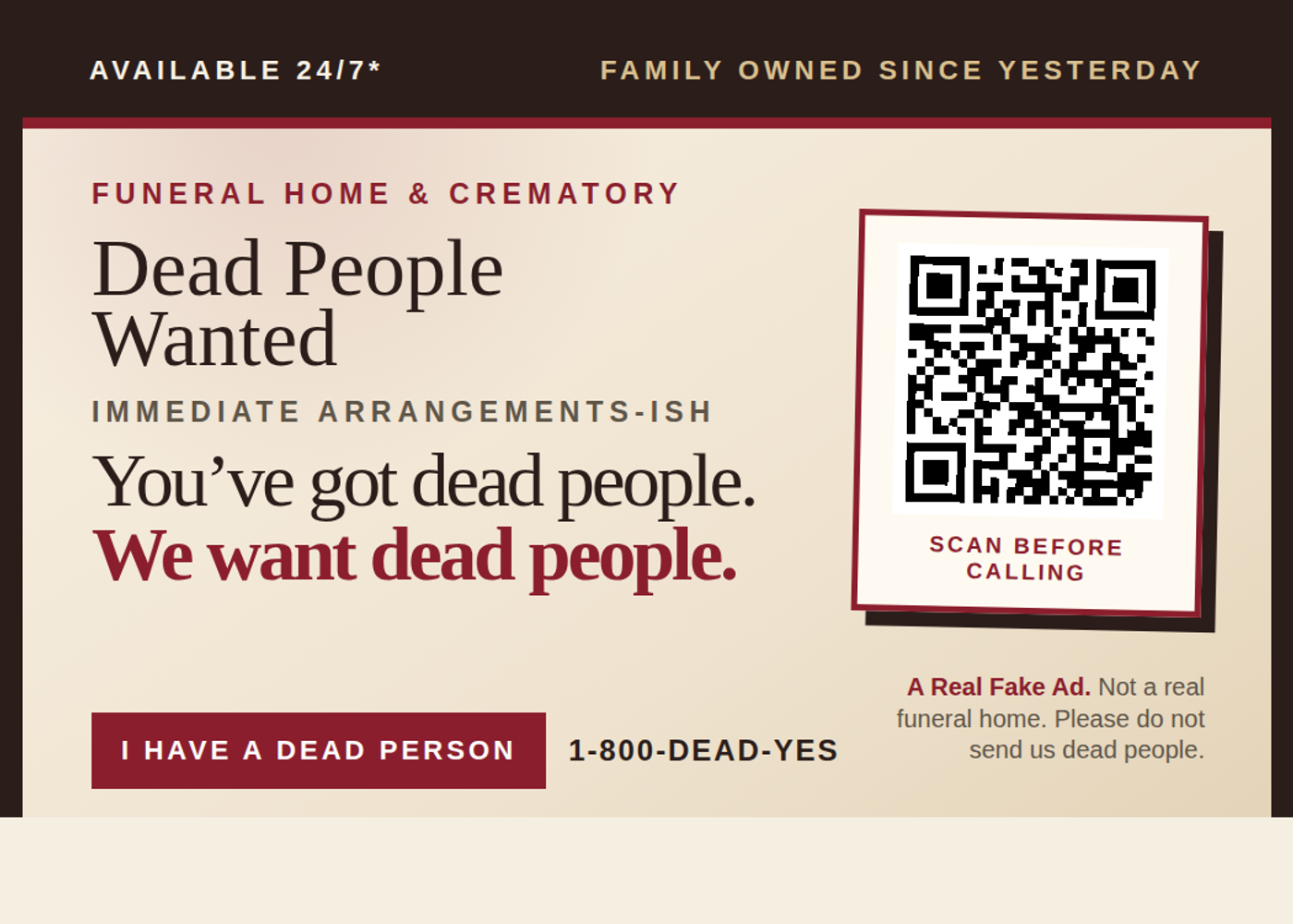 Dead People Wanted fake funeral home sticker with QR code