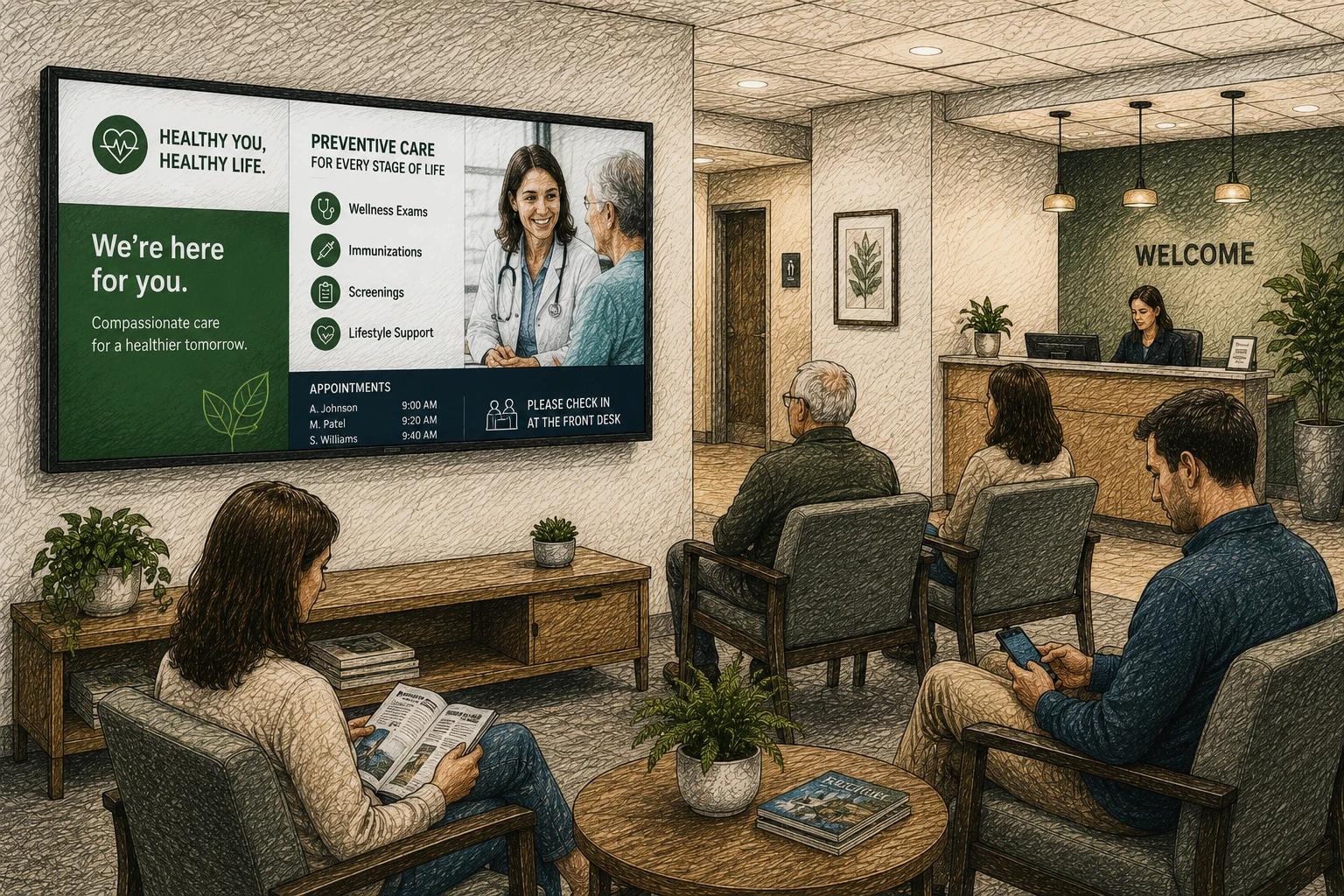 Digital signage in a waiting room setting