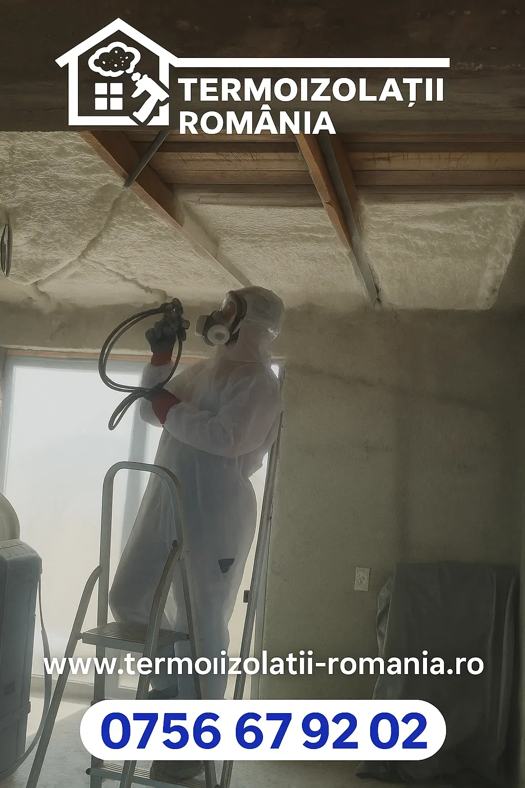 Spumă poliuretanică cu celulă deschisă aplicată pentru izolație pod casă, grosime 10 cm, 120 m², lucrare Termoizolații România în Vâlcea și Tătărani