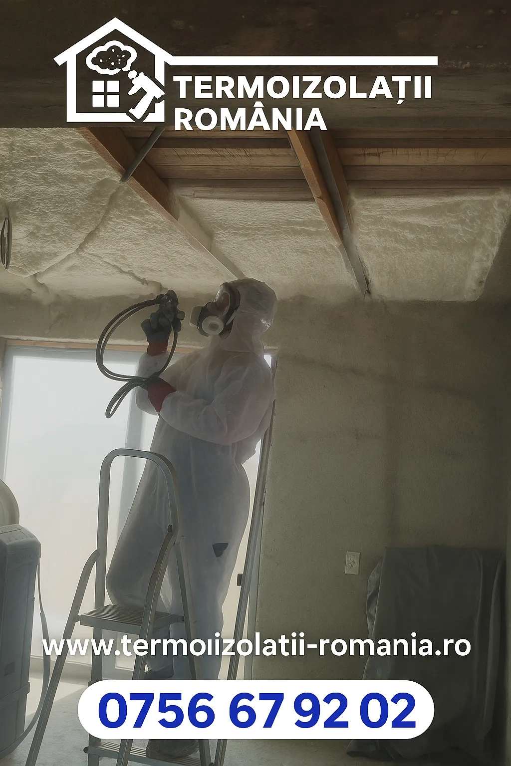 Spumă poliuretanică cu celulă deschisă aplicată pentru izolație pod casă, grosime 10 cm, 250 m², lucrare Termoizolații România în Sibiu și Sibiel