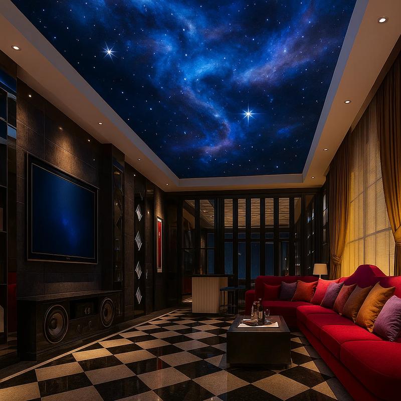 Tavan extensibil 3D cu efect de valuri ondulate și spoturi LED, design decorativ modern.