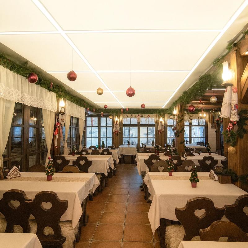 tavan extensibil translucid cu benzi LED într-un restaurant rustic