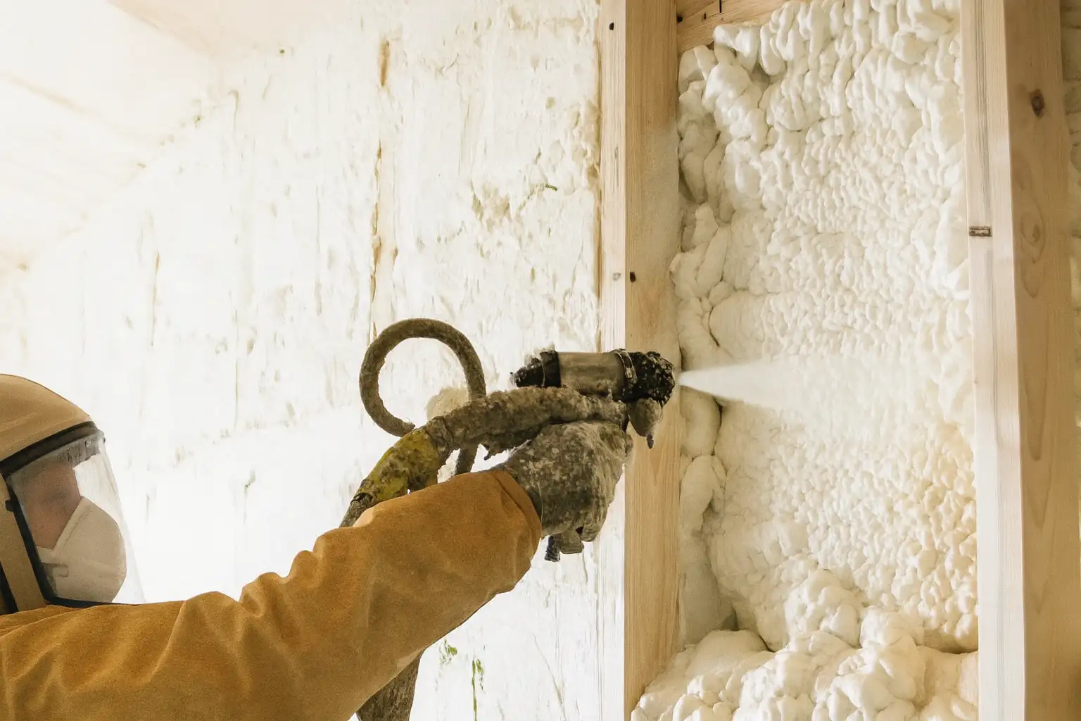 Aplicator profesionist executând o izolație cu spumă poliuretanică în județul Cluj