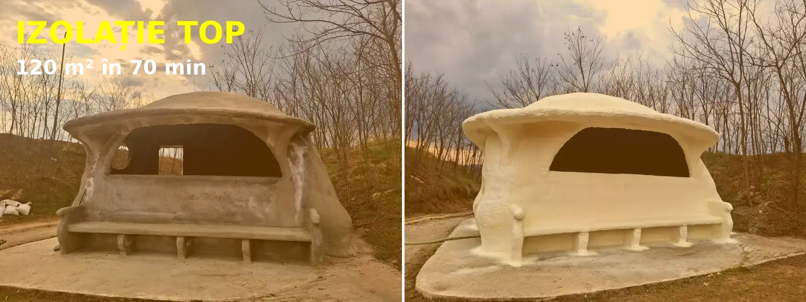 Izolație casă în Sibiu înainte și după aplicarea spumei poliuretanice cu celulă închisă 5 cm, transformare completă, etanșare totală și eficiență termică ridicată în doar 70 minute