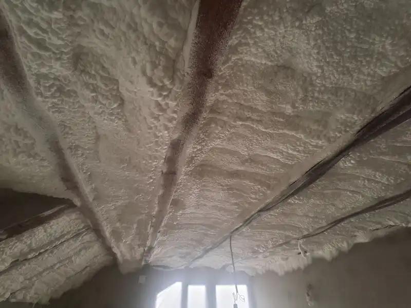 Izolație tavan realizată cu spumă poliuretanică celulă deschisă, aplicată uniform între grinzi, fără punți termice