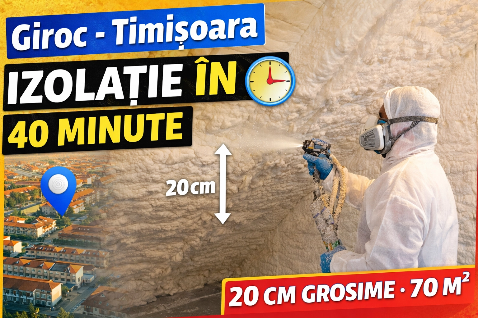 aplicare spumă poliuretanică în Giroc Timișoara, evidențiind izolație mansardă 70 m² realizată în 40 minute cu grosime de 20 cm