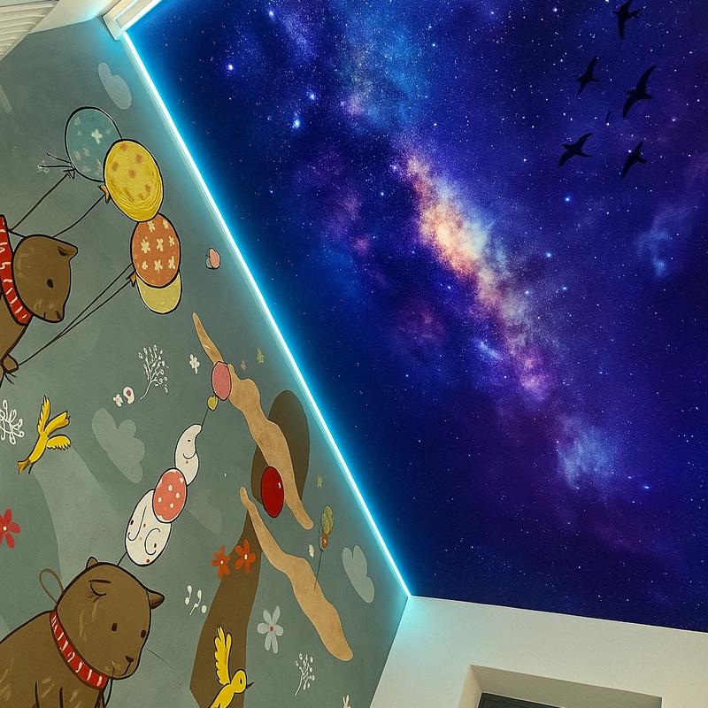 Tavan extensibil imprimat cu grafică galactică și benzi LED albastre, ideal pentru camere de copii.