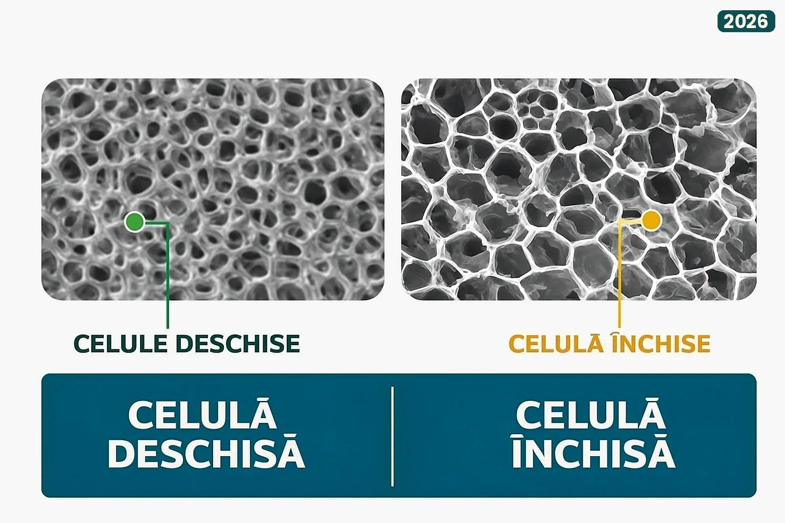 Comparație spumă poliuretanică celulă deschisă vs celulă închisă – structură microscopică 2026