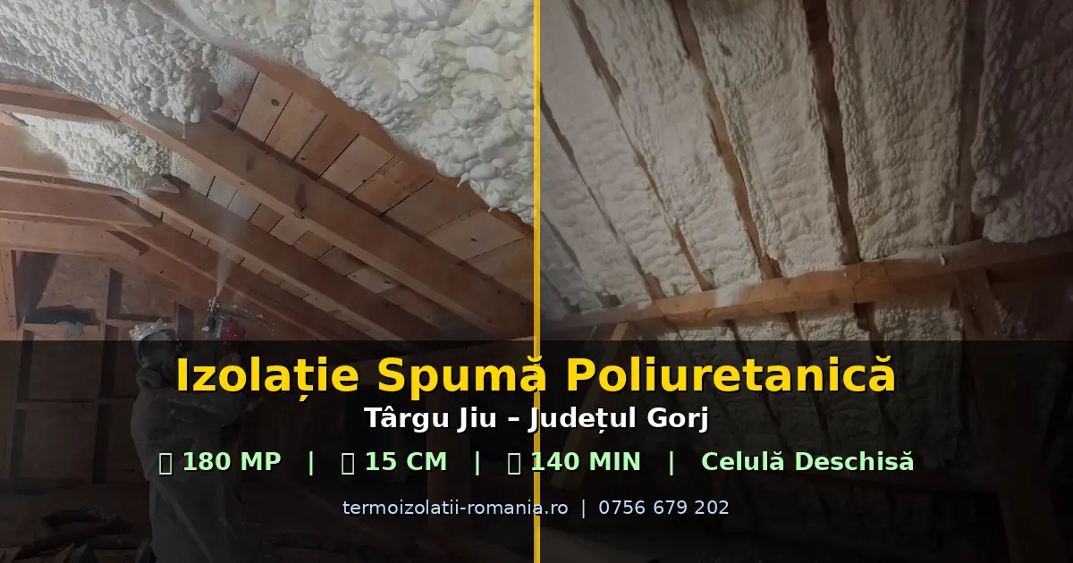 Aplicator profesionist pulverizând spumă poliuretanică cu celulă deschisă, 15 cm grosime, 180 mp – lucrare Târgu Jiu, județul Gorj | Termoizolații România