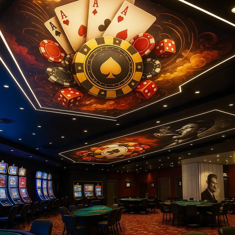 avan extensibil 3D cu grafică tematică de cazino, iluminare LED integrată și atmosferă luxoasă.