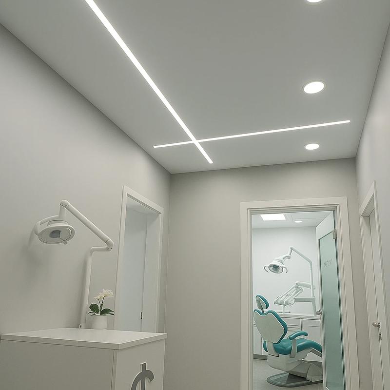 avan extensibil cu benzi LED mate într-o clinică stomatologică modernă, iluminare profesională și aspect igienic.