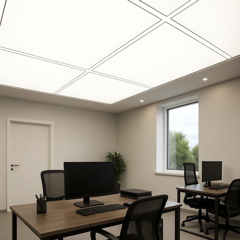 Tavan extensibil translucid cu benzi LED într-un birou modern, iluminare uniformă și design minimalist.