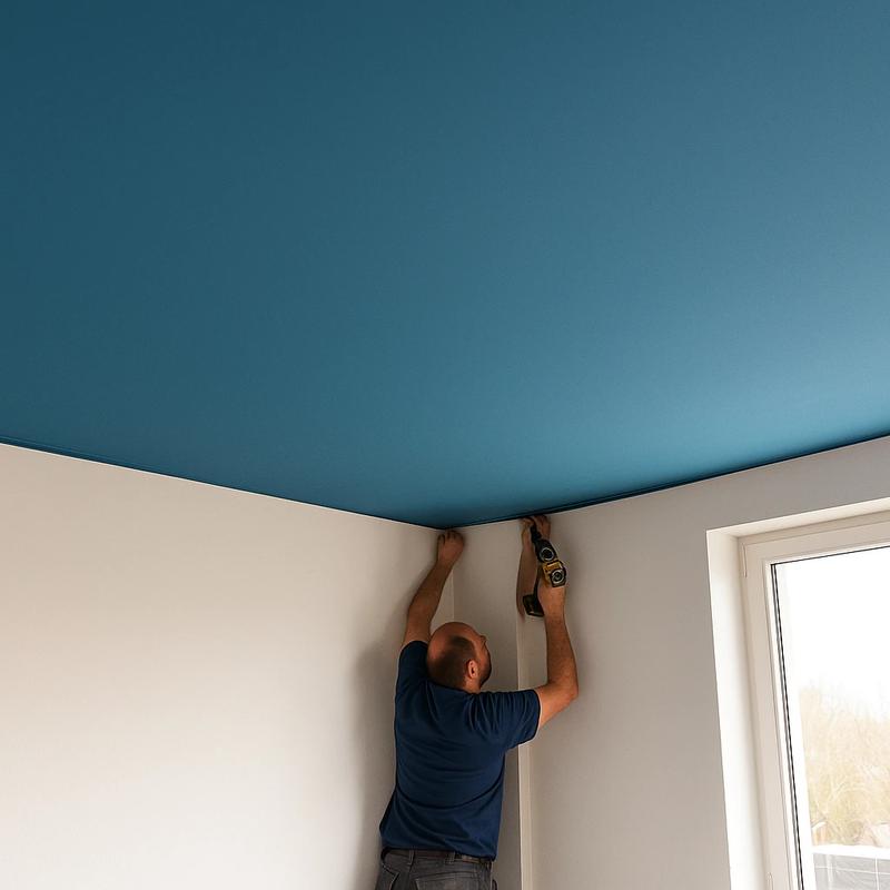 Montaj tavan extensibil albastru mat realizat de echipă profesională, instalare rapidă și finisaj impecabil.