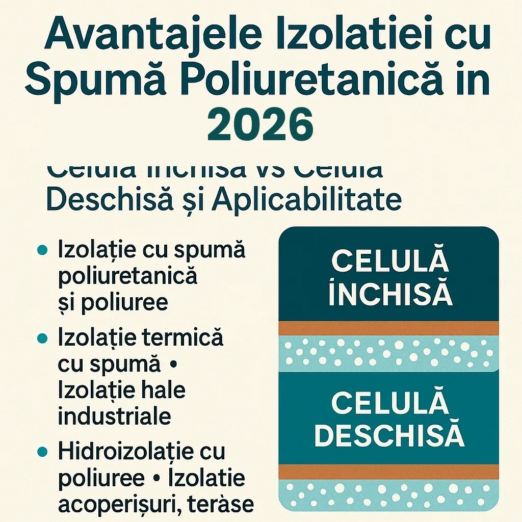Ghid vizual 2026 – ce tip de spumă poliuretanică alegi: celulă deschisă pentru fonoizolație și mansarde, celulă închisă pentru acoperișuri, hale industriale și hidroizolație cu poliuree