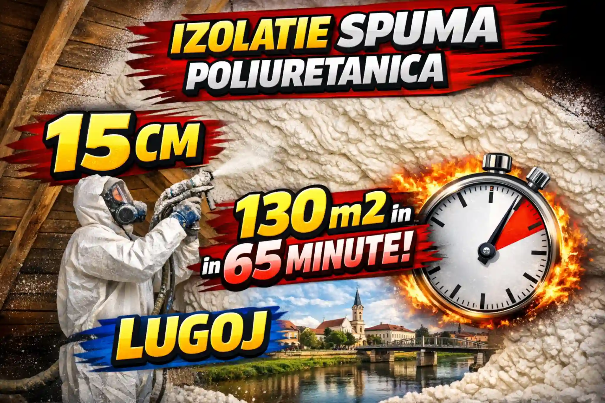 izolatie spuma poliuretanica Lugoj 15 cm 130 mp in 65 minute aplicare pod acoperis izolatie spuma poliuretanica Timisoara celula deschisa
