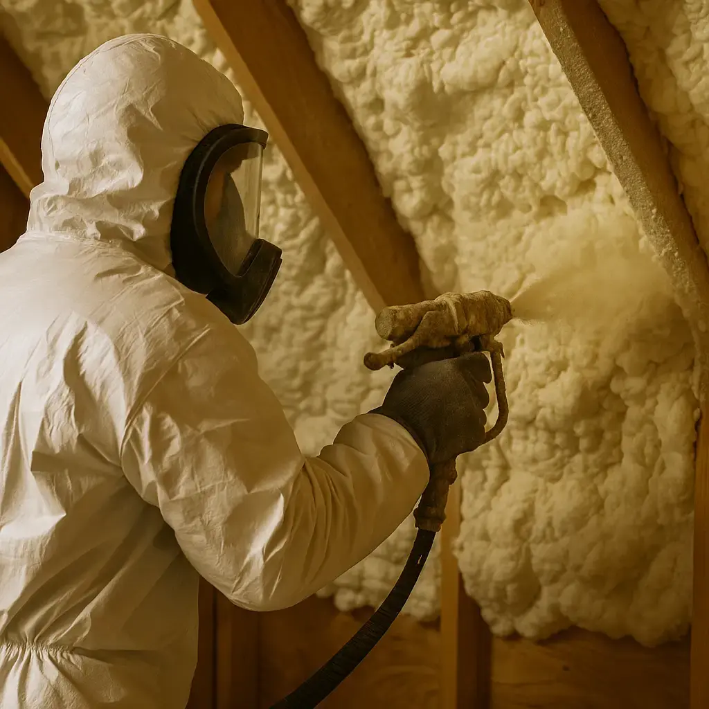 Aplicator izolații Targu-Jiu pulverizând spumă poliuretanică pe structură de lemn.