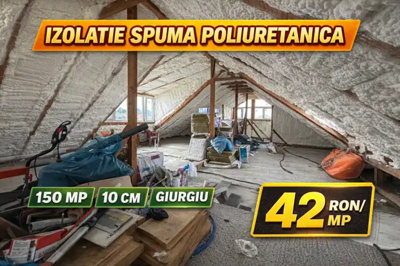 Exemplu de lucrare cu izolație din spumă poliuretanică, 10 cm grosime, aplicare profesională pentru confort termic optim.