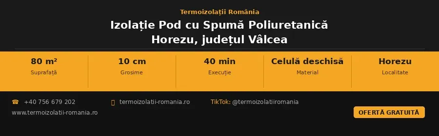 Izolație pod cu spumă poliuretanică cu celulă deschisă, 80 m², 10 cm grosime, executată în 40 de minute în Horezu, județul Vâlcea – Termoizolații România | +40 756 679 202