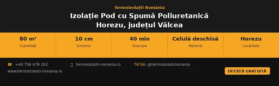 Izolație pod cu spumă poliuretanică cu celulă deschisă, 80 m², 10 cm grosime, executată în 40 de minute în Horezu, județul Vâlcea – Termoizolații România | +40 756 679 202