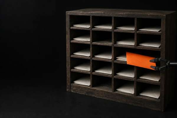 A wooden mail-sorting cabinet; a robotic gripper pulls one orange envelope from its slot.