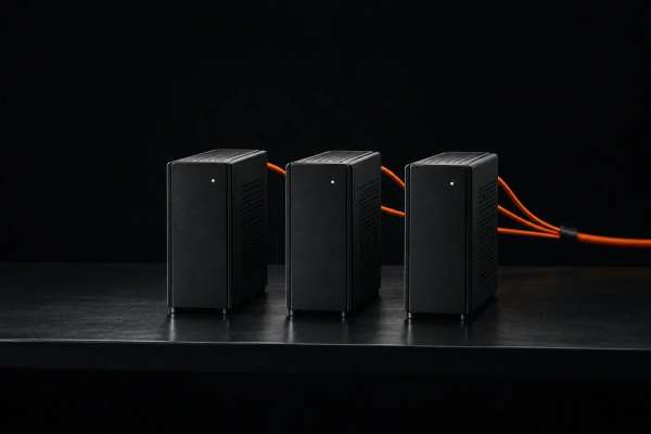 Three small black computers in a row on a dark shelf, linked by orange cables.