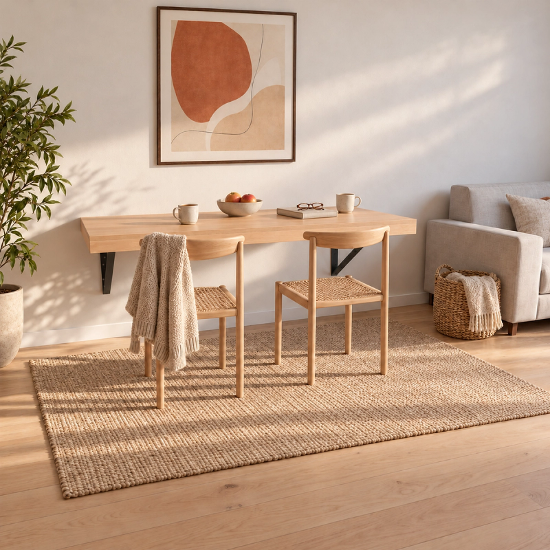 Wandklapptisch 180 cm mit Halterung in Anthrazit aufgeklappt mit zwei Stühlen im Wohnzimmer (KI-generiertes Bild)