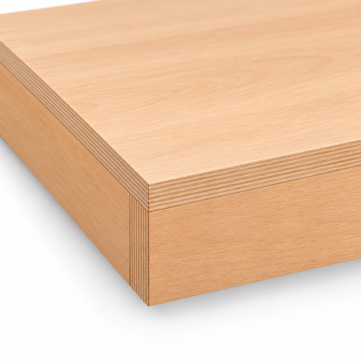 Kante der Tischplatte aus Buche-Multiplex mit sichtbaren Holzschichten (KI-generiertes Bild)